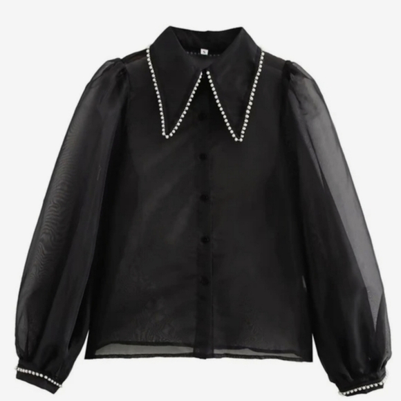 Elegant Black Sheer Blouse with Pearl Details - Picture 2 of 2
